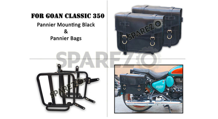 For Royal Enfield Goan Classic 350 Leather Pannier Bags Black With Mounting - SPAREZO For Royal Enfield Goan Classic 350 Leather Pannier Bags Black With Mounting - SPAREZO